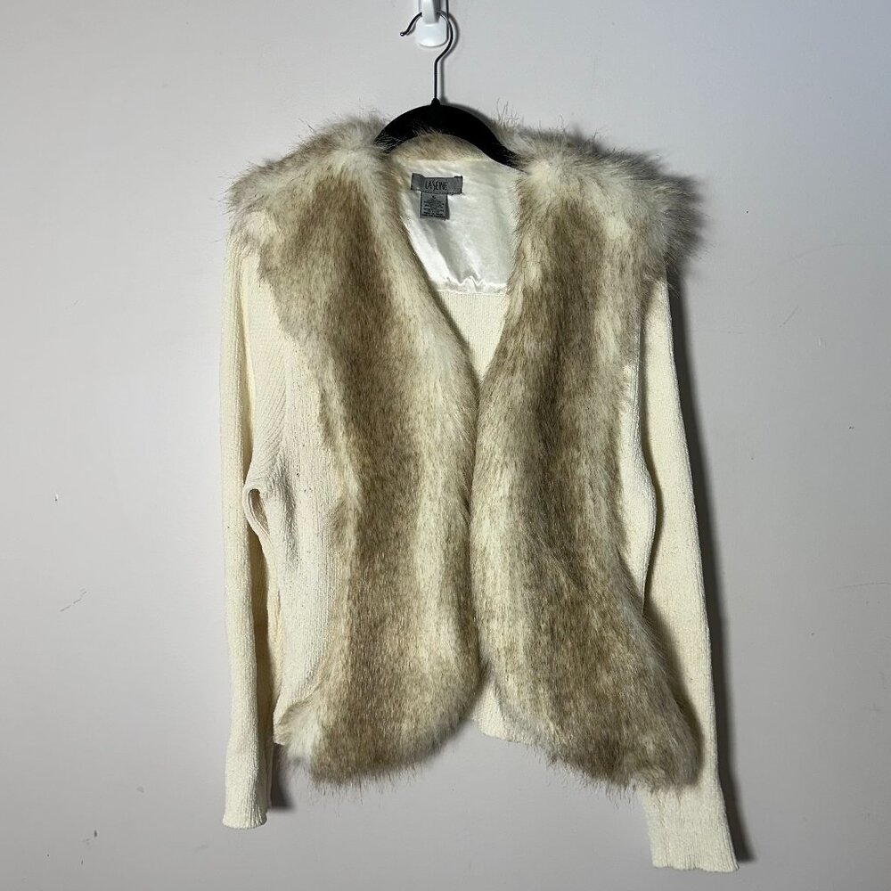 EUC LaSeine Womens Faux Fur Collar Cardigan Sweater XL Off White Cream